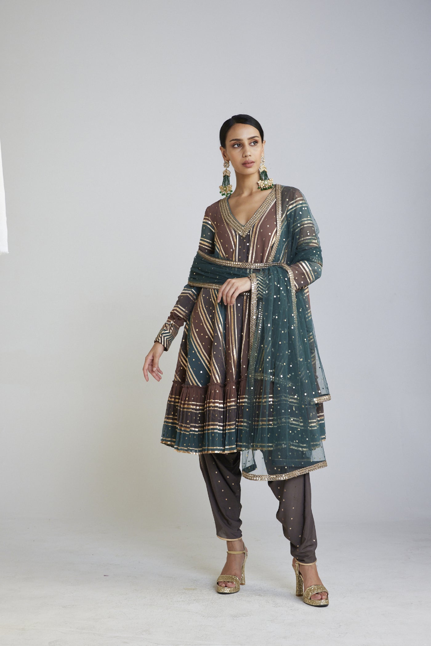 Vani Vats Mud Green V Neck A Line Dhoti Kurta Set designer wear online shopping melange singapore