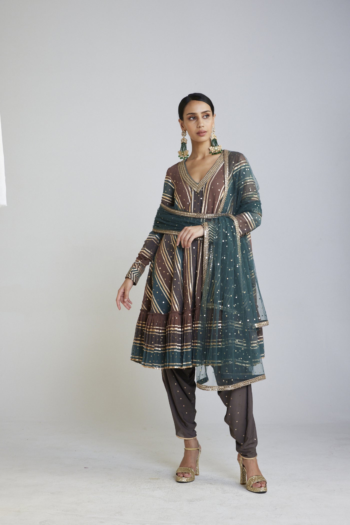 Vani Vats Mud Green V Neck A Line Dhoti Kurta Set designer wear online shopping melange singapore 