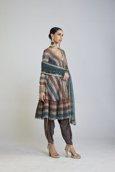 Vani Vats Mud Green V Neck A Line Dhoti Kurta Set designer wear online shopping melange singapore