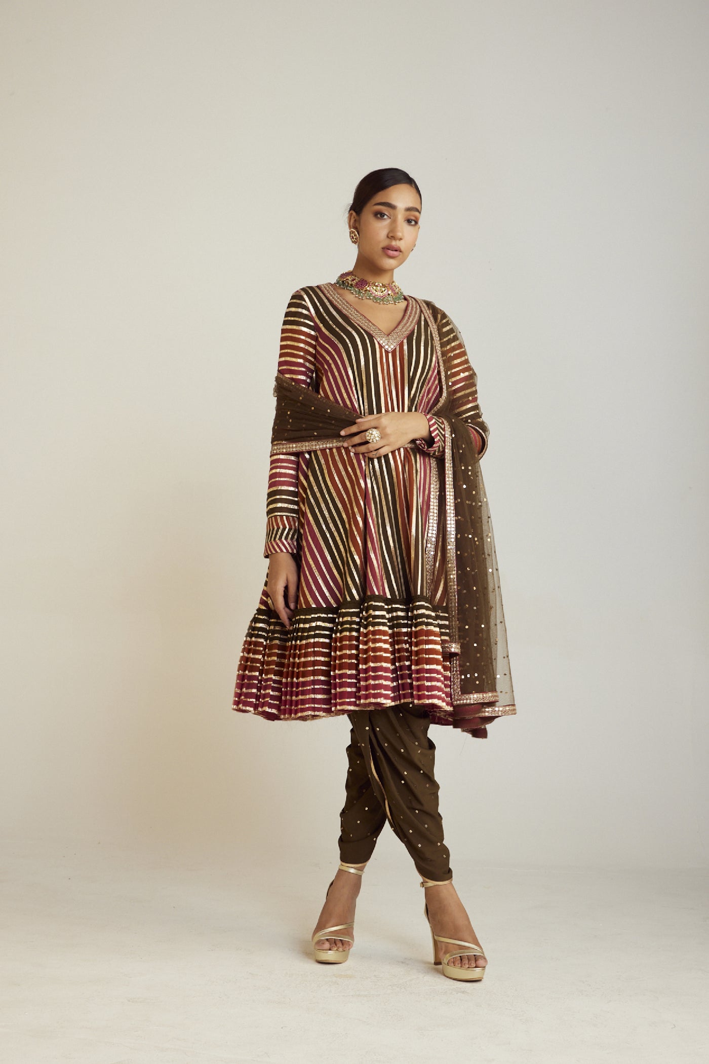 Vani Vats Olive Green A Line Dhoti Kurta Set Indian designer wear online shopping melange singapore