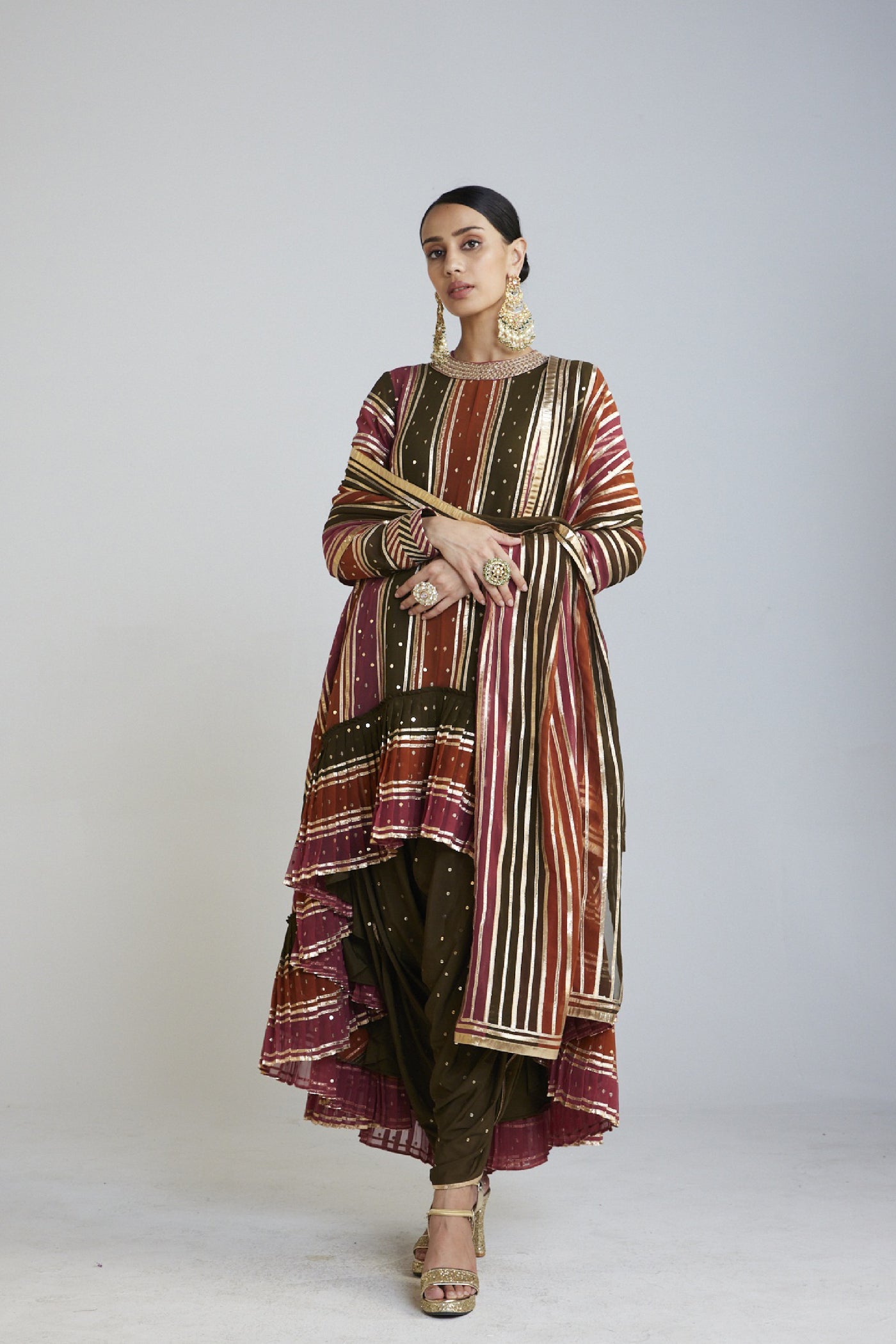 Vani Vats Olive Green Asymmetrical Kurta Dhoti Set designer wear online shopping melange singapore
