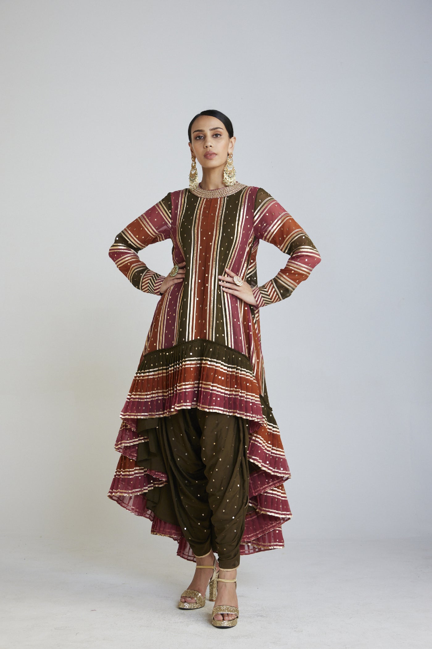 Vani Vats Olive Green Asymmetrical Kurta Set Indian designer wear online shopping melange singapore