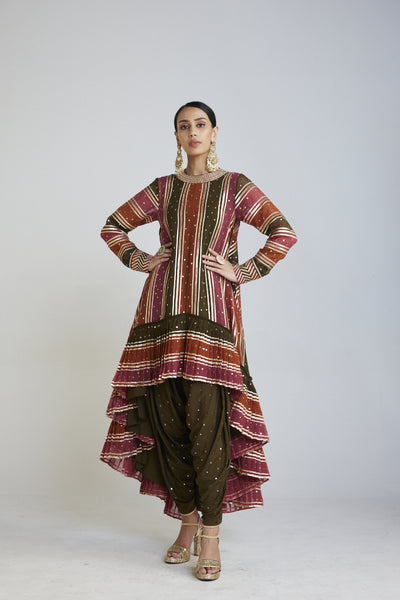 Vani Vats Olive Green Asymmetrical Kurta Set Indian designer wear online shopping melange singapore 