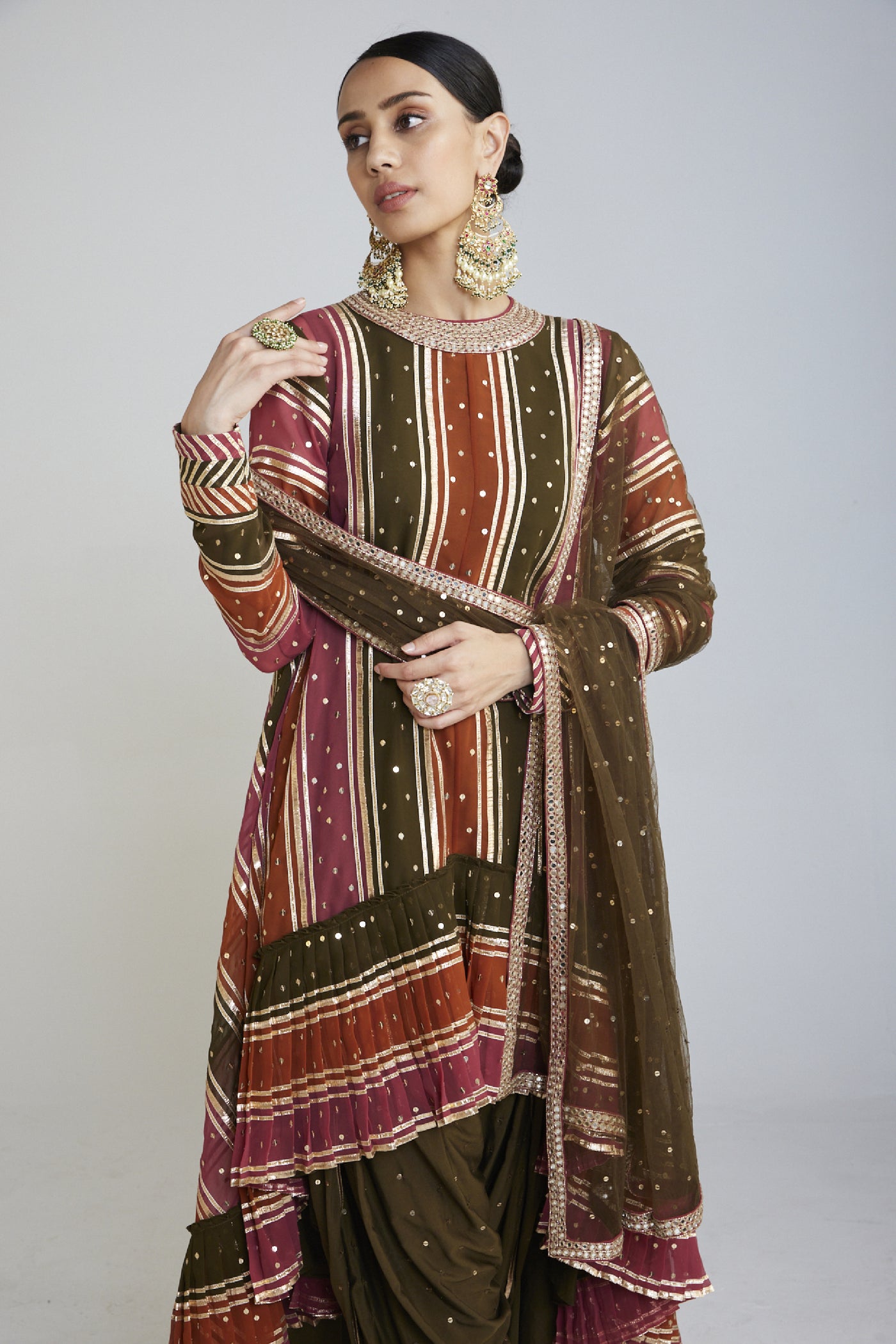 Vani Vats Olive Olive Green Round Neck Asymmetrical Kurta Set designer wear online shopping melange singapore