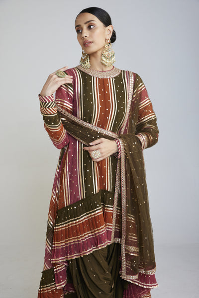 Vani Vats Olive Olive Green Round Neck Asymmetrical Kurta Set designer wear online shopping melange singapore