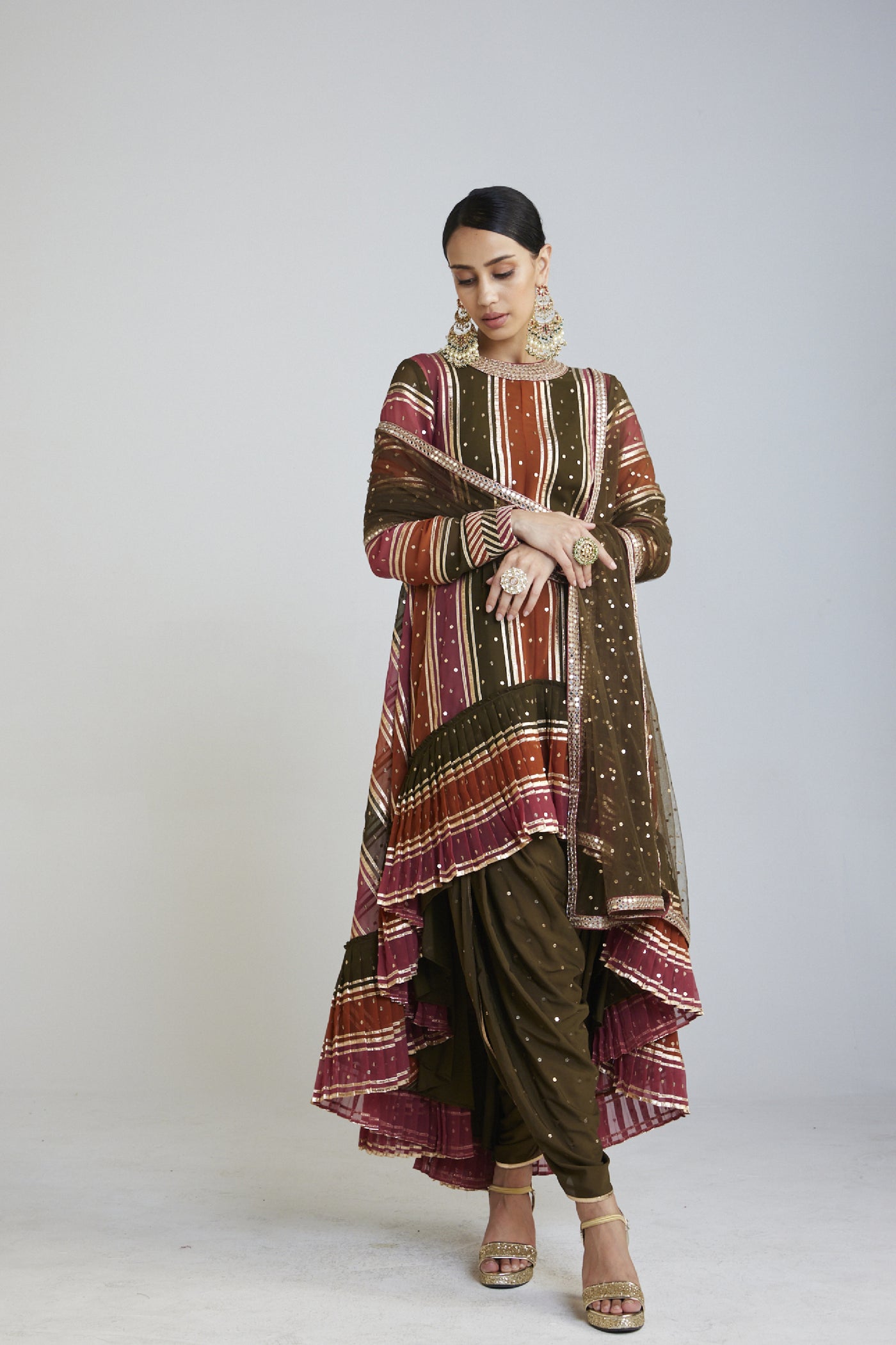 Vani Vats Olive Olive Green Round Neck Asymmetrical Kurta Set designer wear online shopping melange singapore