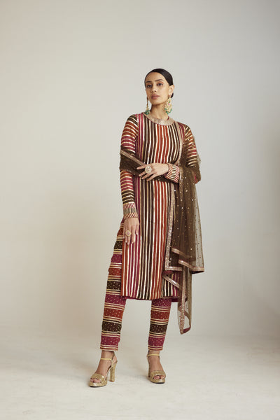 Vani Vats Olive Green Round Neck Straight Kurta Pant Set Indian designer wear online shopping melange singapore