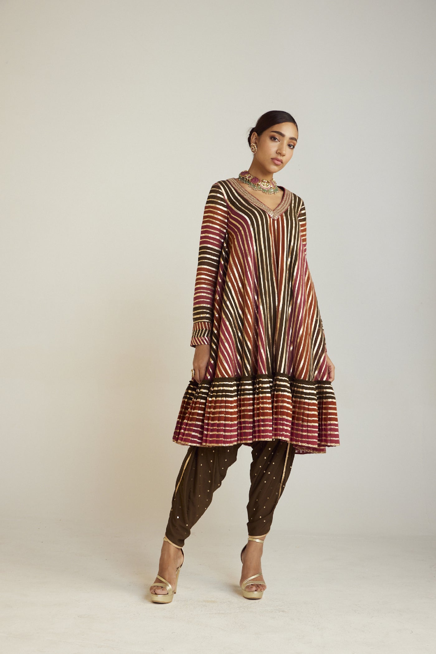 Vani Vats Olive Green V Neck A Line Dhoti Kurta Set Indian designer wear online shopping melange singapore