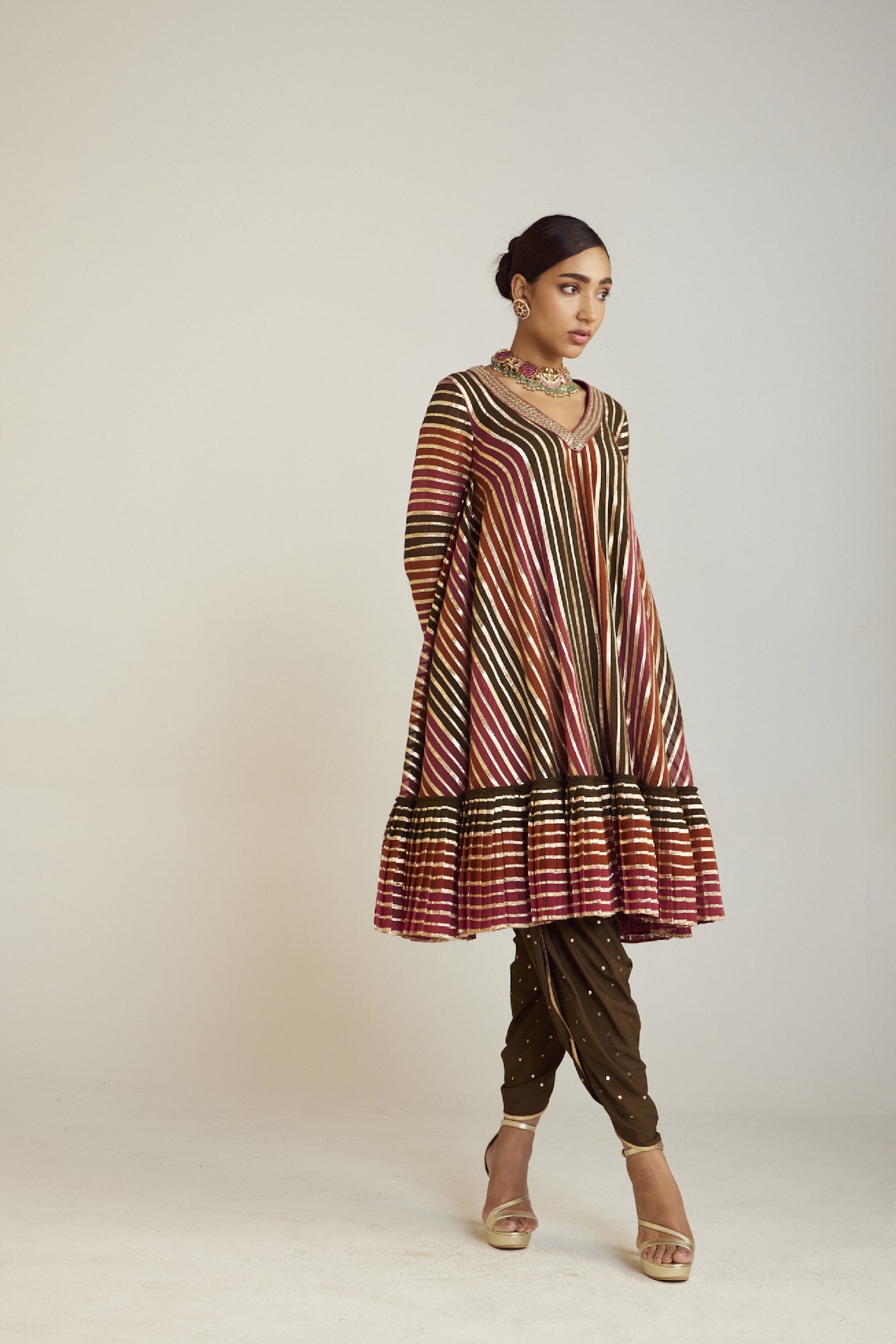 Vani Vats Olive Green V Neck A Line Dhoti Kurta Set Indian designer wear online shopping melange singapore