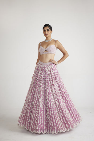 Vani Vats Onion Pink Chandelier Pearl Drop Lehenga Set indian designer wear online shopping melange singapore