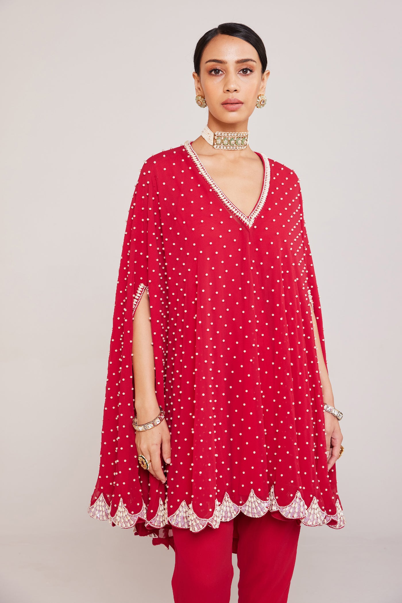 V Vani Vats PPearl Embellished Crimson Red Asymmetrical Cape Paired With Pants Indian designer wear online shopping melange singapore