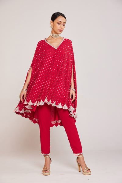 V Vani Vats PPearl Embellished Crimson Red Asymmetrical Cape Paired With Pants Indian designer wear online shopping melange singapore