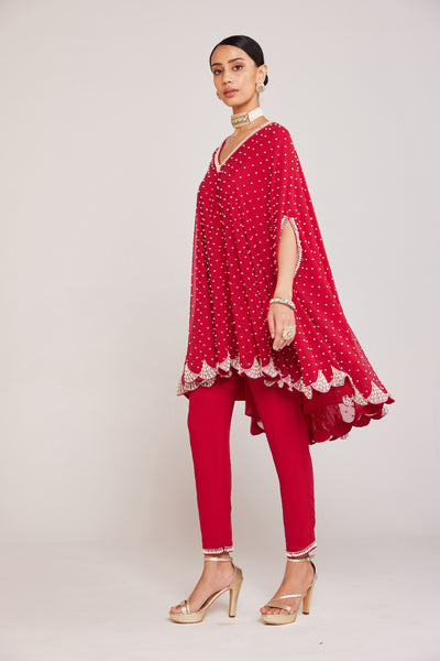 V Vani Vats PPearl Embellished Crimson Red Asymmetrical Cape Paired With Pants Indian designer wear online shopping melange singapore