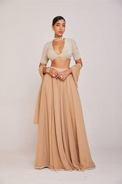 V Vani Vats Pearl Embellished Elbow Sleeve V Neck Blouse With Lehenga Pants And Dupatta Indian designer wear online shopping melange singapore