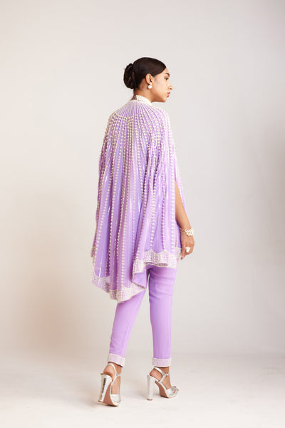 V Vani Vats Pearl Embellished Lilac Asymmetrical Cape Paired With Pants Indian designer wear online shopping melange singapore