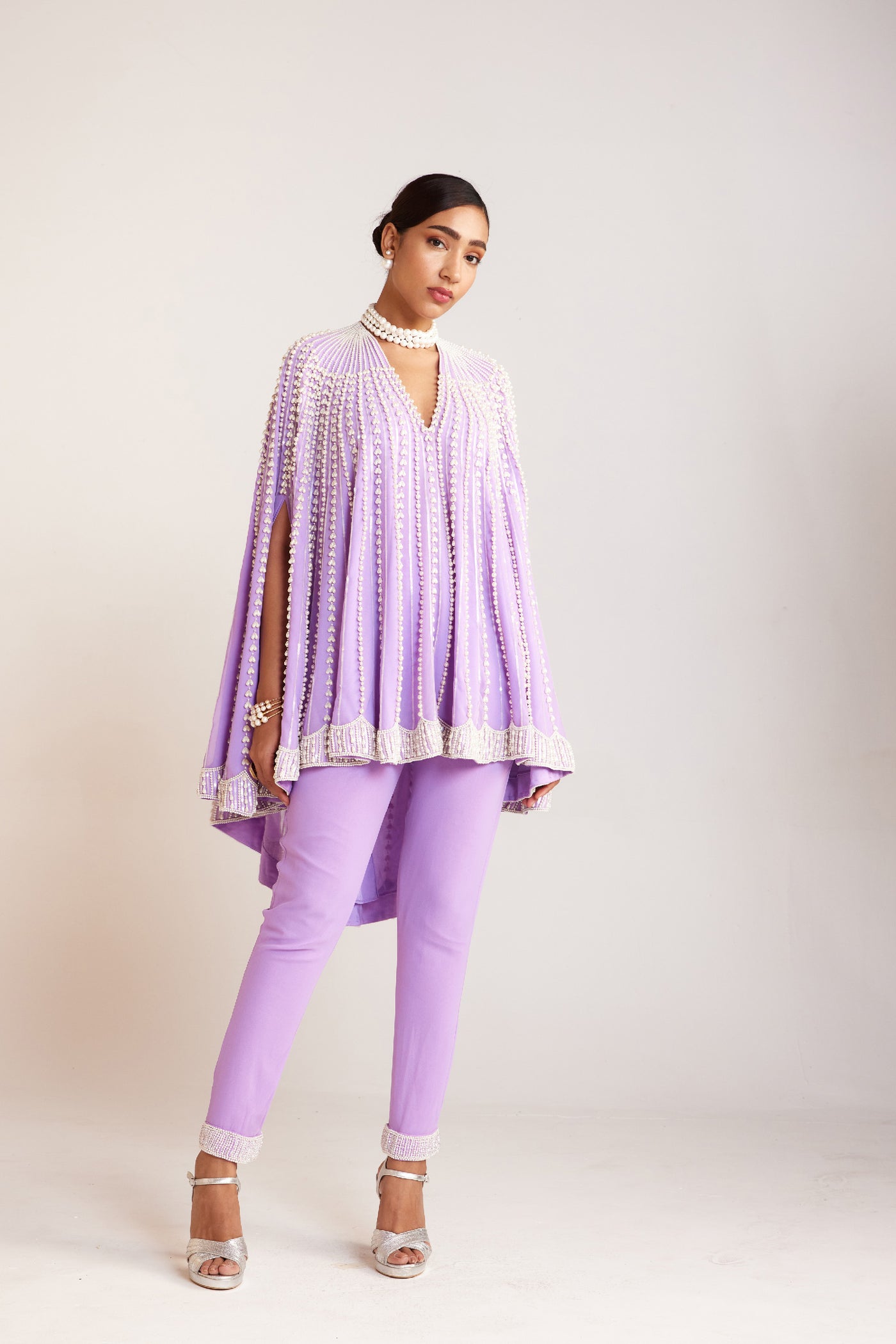 V Vani Vats Pearl Embellished Lilac Asymmetrical Cape Paired With Pants Indian designer wear online shopping melange singapore