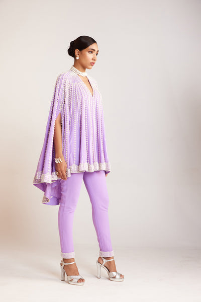V Vani Vats Pearl Embellished Lilac Asymmetrical Cape Paired With Pants Indian designer wear online shopping melange singapore