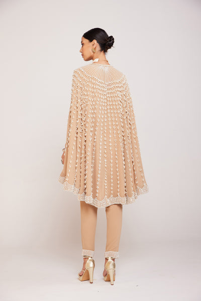 V Vani Vats Pearl Embellished Beige Asymmetrical Cape Paired With Pants Indian designer wear online shopping melange singapore