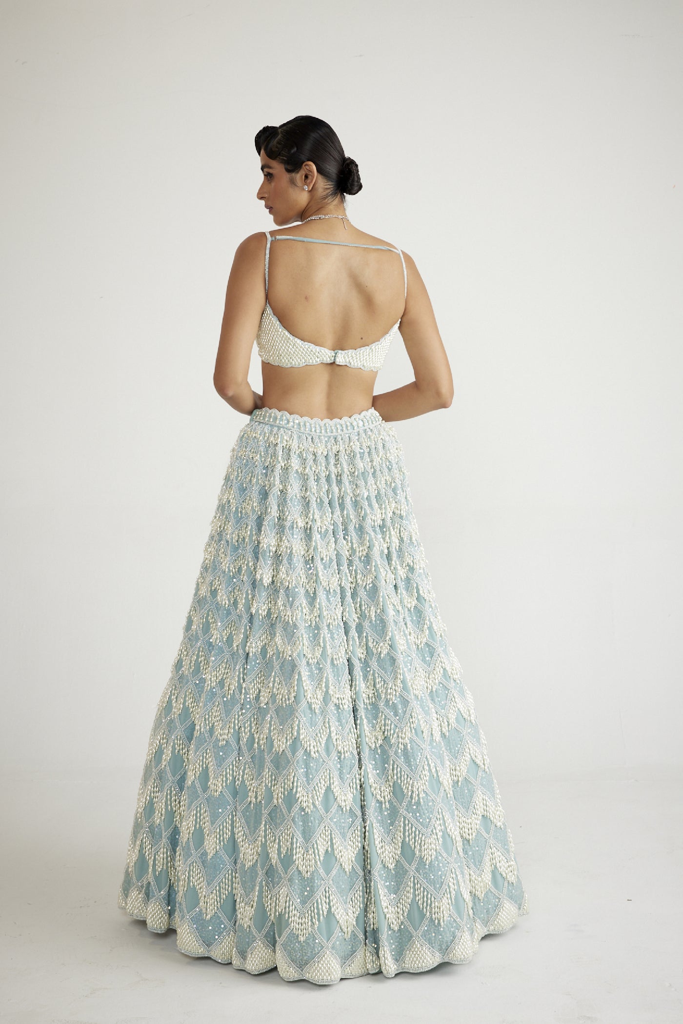 Vani Vats Powder Blue Chandelier Pearl Drop Lehenga Set indian designer wear online shopping melange singapore