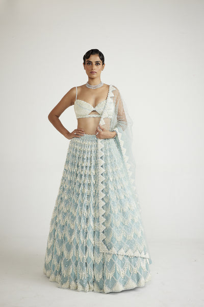 Vani Vats Powder Blue Chandelier Pearl Drop Lehenga Set indian designer wear online shopping melange singapore