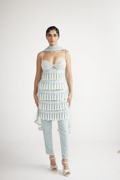 Vani Vats Powder Blue Chandelier Pearl Drop Pant Kurta Set indian designer wear online shopping melange singapore