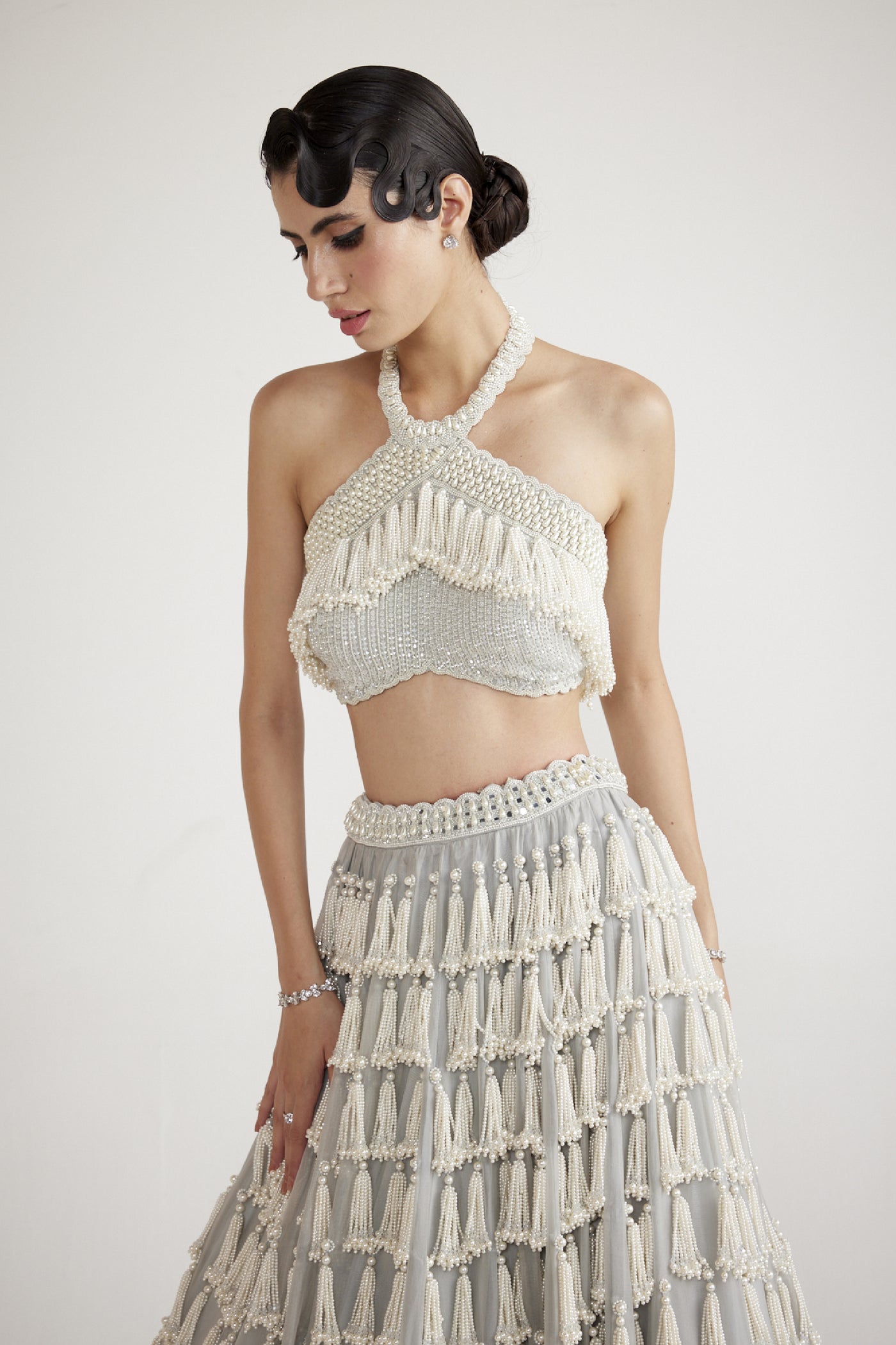 Vani Vats Powder Grey Chandelier Pearl Drop Crop Top Skirt Set indian designer wear online shopping melange singapore