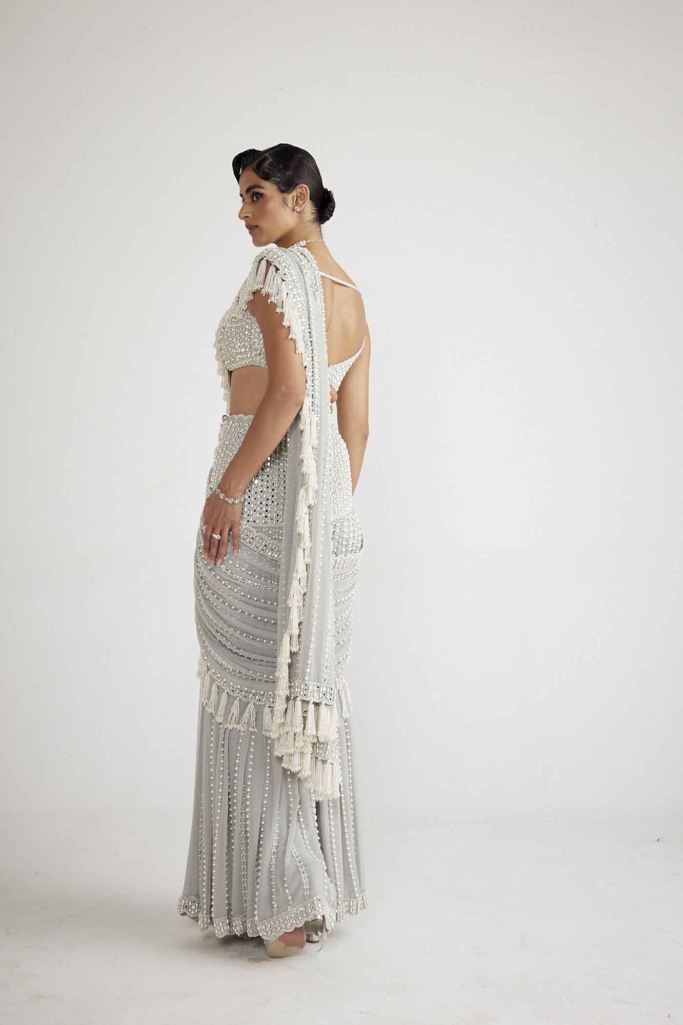 Vani Vats Powder Grey Chandelier Pearl Drop Saree Set indian designer wear online shopping melange singapore