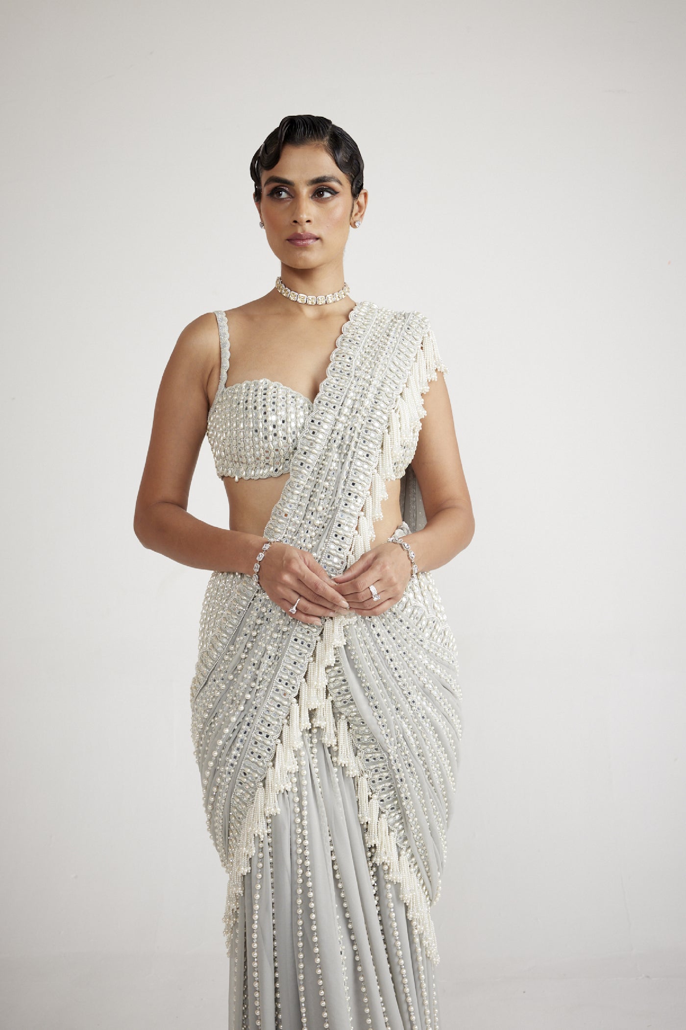 Vani Vats Powder Grey Chandelier Pearl Drop Saree Set indian designer wear online shopping melange singapore