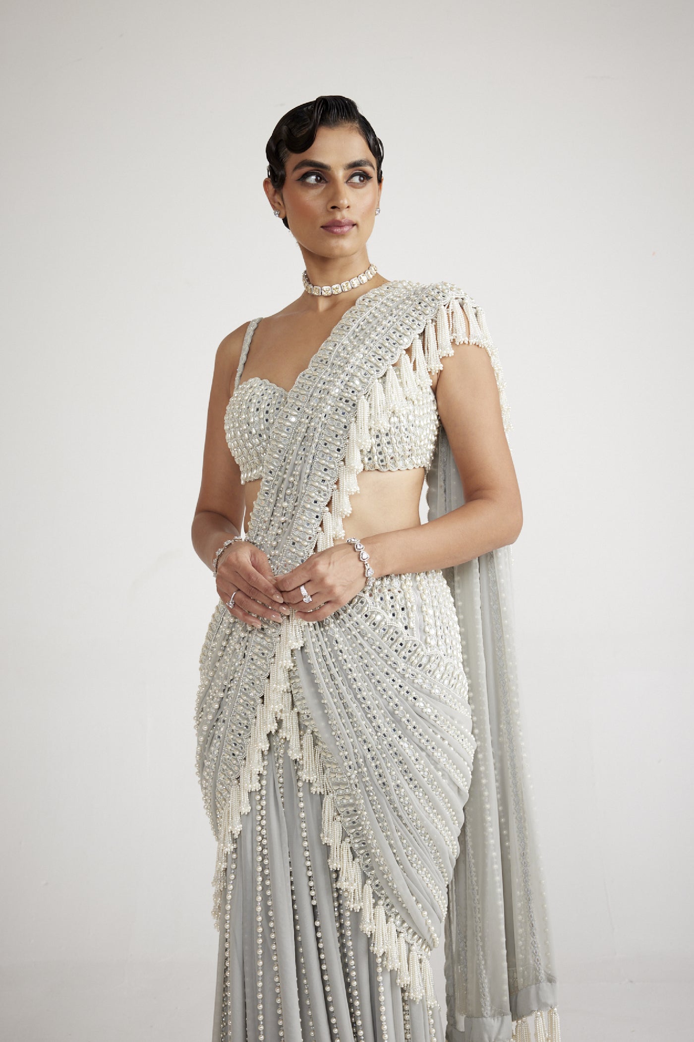 Vani Vats Powder Grey Chandelier Pearl Drop Saree Set indian designer wear online shopping melange singapore