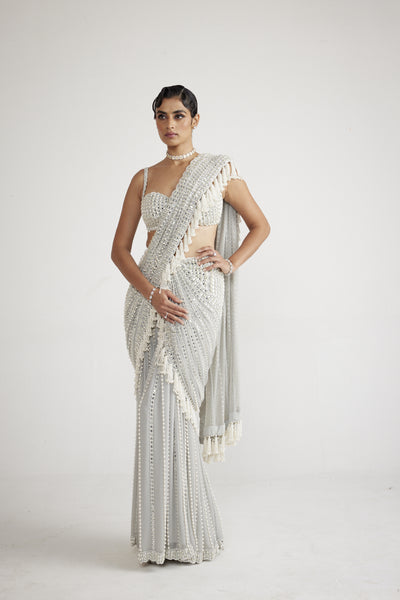 Vani Vats Powder Grey Chandelier Pearl Drop Saree Set indian designer wear online shopping melange singapore