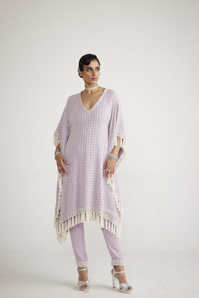 Vani Vats Powder Lilac Chandelier Pearl Drop Kaftan Set indian designer wear online shopping melange singapore