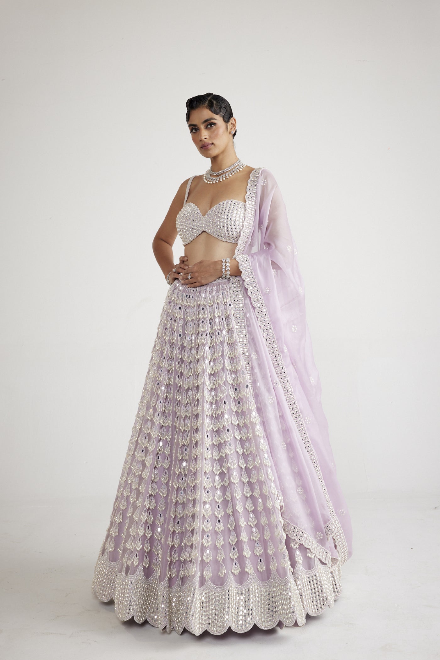 Vani Vats Powder Lilac Chandelier Pearl Drop Lehenga Set indian designer wear online shopping melange singapore