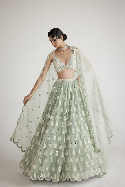 Vani Vats Powder Mint Green Chandelier Drop Lehenga Set indian designer wear online shopping melange singapore