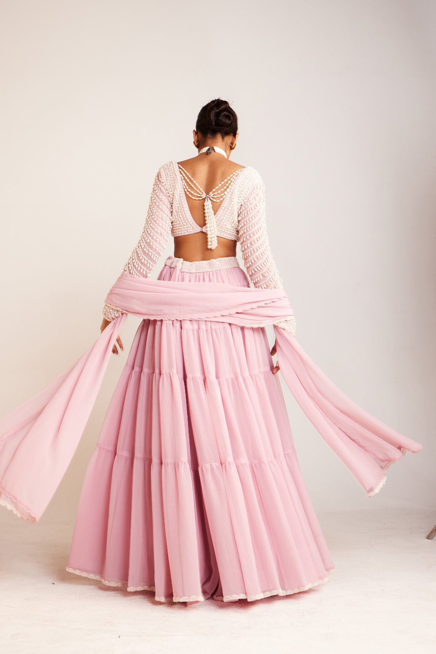 V Vani Vats Powder Pink Pearl Drop Full Sleeve Blouse Paired With Sharara And Dupatta Indian designer wear online shopping melange singapore