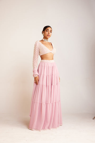 V Vani Vats Powder Pink Pearl Drop Full Sleeve Blouse Paired With Sharara And Dupatta Indian designer wear online shopping melange singapore