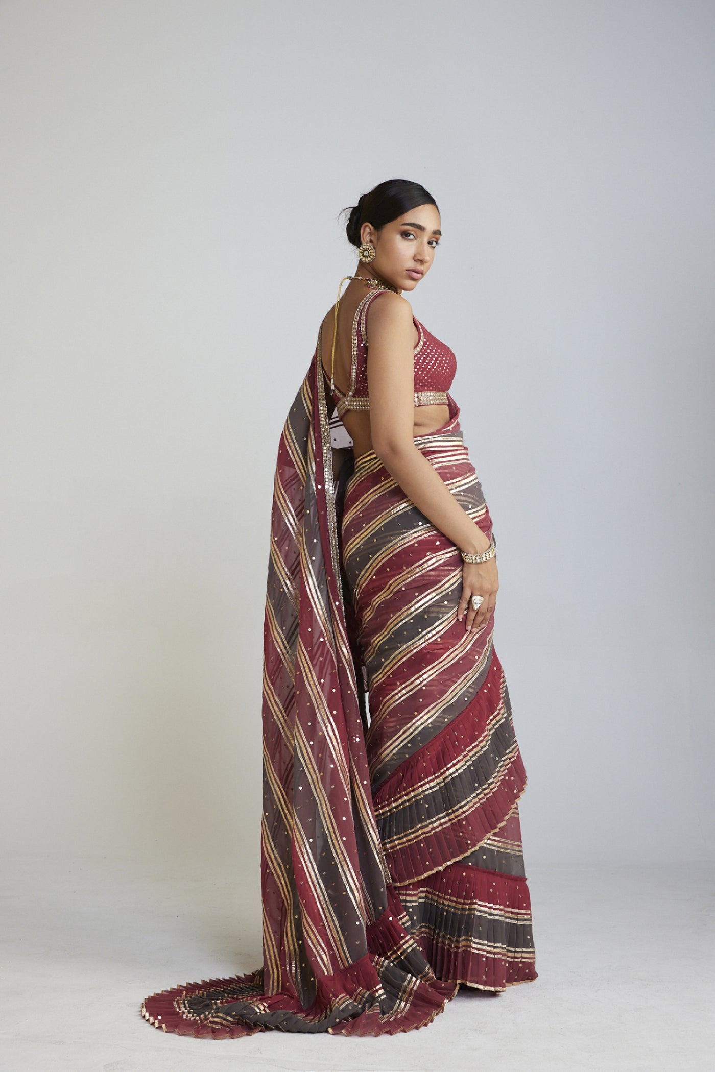 Vani Vats Pre Draped Charcoal Grey Multicolor Saree Set Indian designer wear online shopping melange singapore 