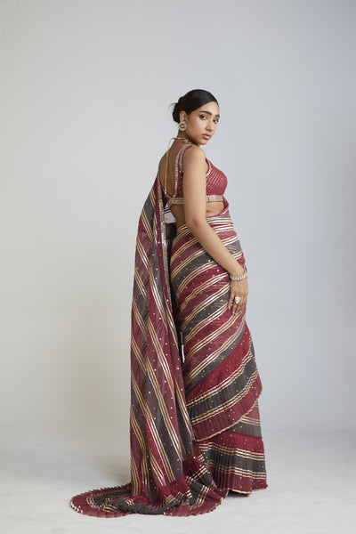 Vani Vats Pre Draped Charcoal Grey Multicolor Saree Set Indian designer wear online shopping melange singapore