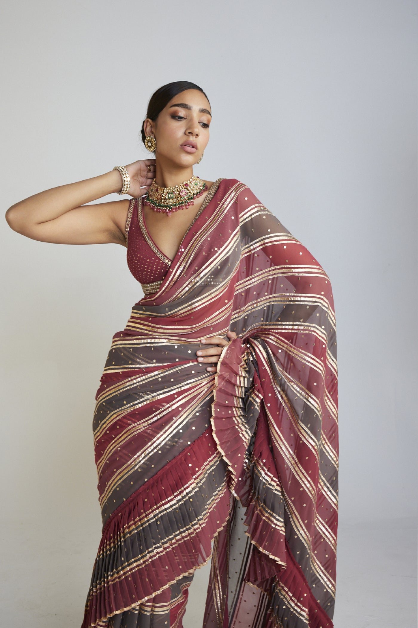 Vani Vats Pre Draped Charcoal Grey Multicolor Saree Set Indian designer wear online shopping melange singapore 