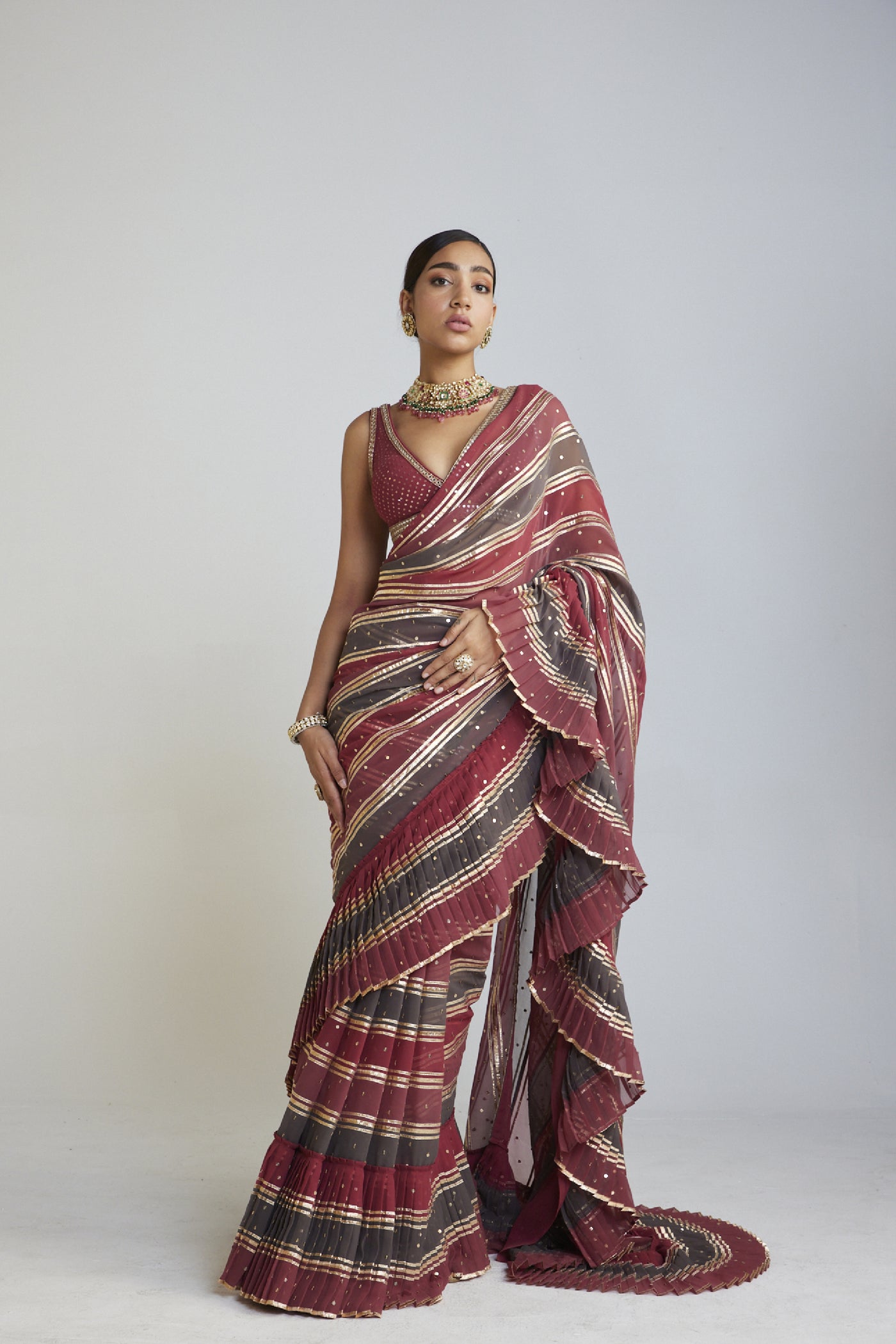 Vani Vats Pre Draped Charcoal Grey Multicolor Saree Set Indian designer wear online shopping melange singapore