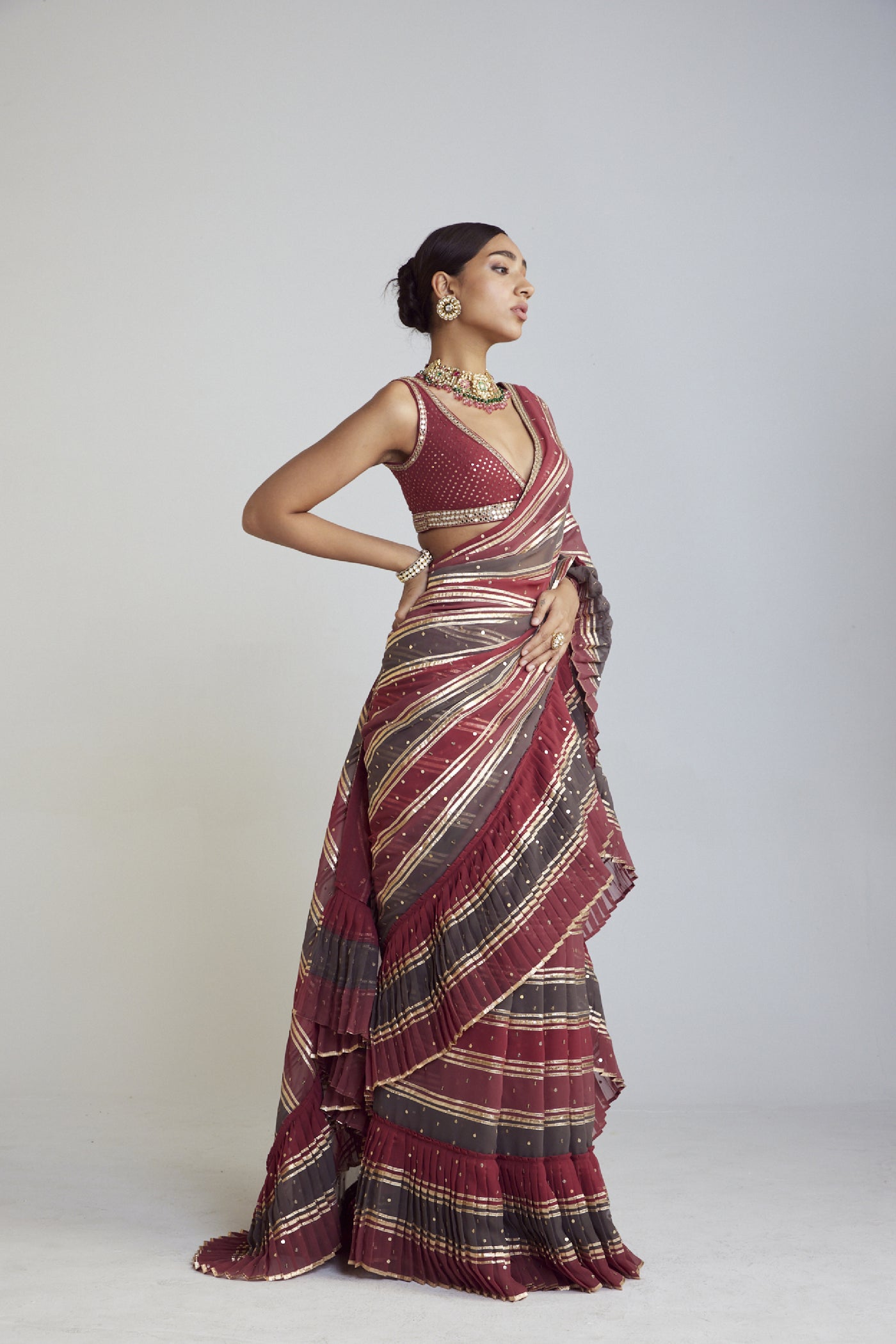 Vani Vats Pre Draped Charcoal Grey Multicolor Saree Set Indian designer wear online shopping melange singapore
