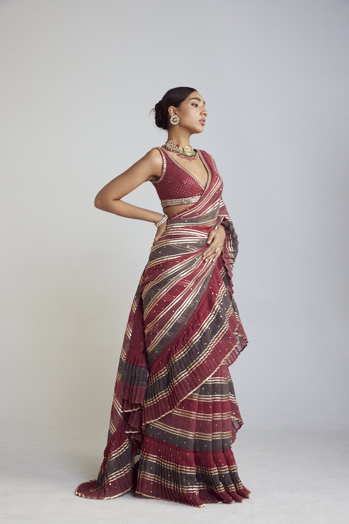 Vani Vats Pre Draped Charcoal Grey Multicolor Saree Set Indian designer wear online shopping melange singapore 