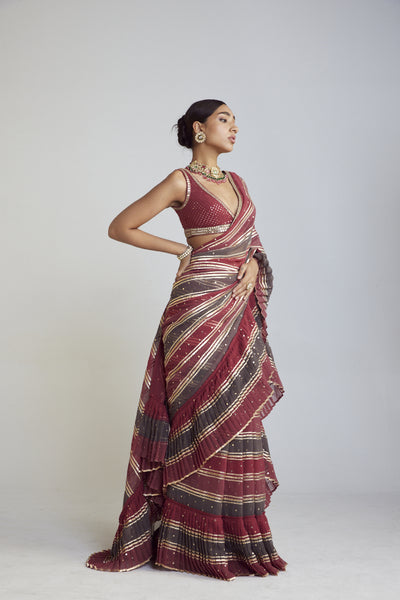 Vani Vats Pre Draped Charcoal Grey Multicolor Saree Set Indian designer wear online shopping melange singapore