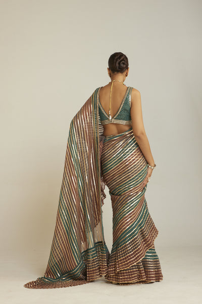 Vani Vats Pre Draped Mud Green Multicolor Saree Set Indian designer wear online shopping melange singapore