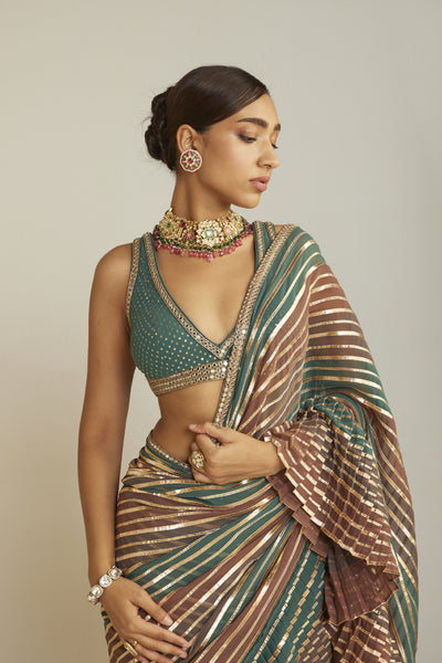 Vani Vats Pre Draped Mud Green Multicolor Saree Set Indian designer wear online shopping melange singapore