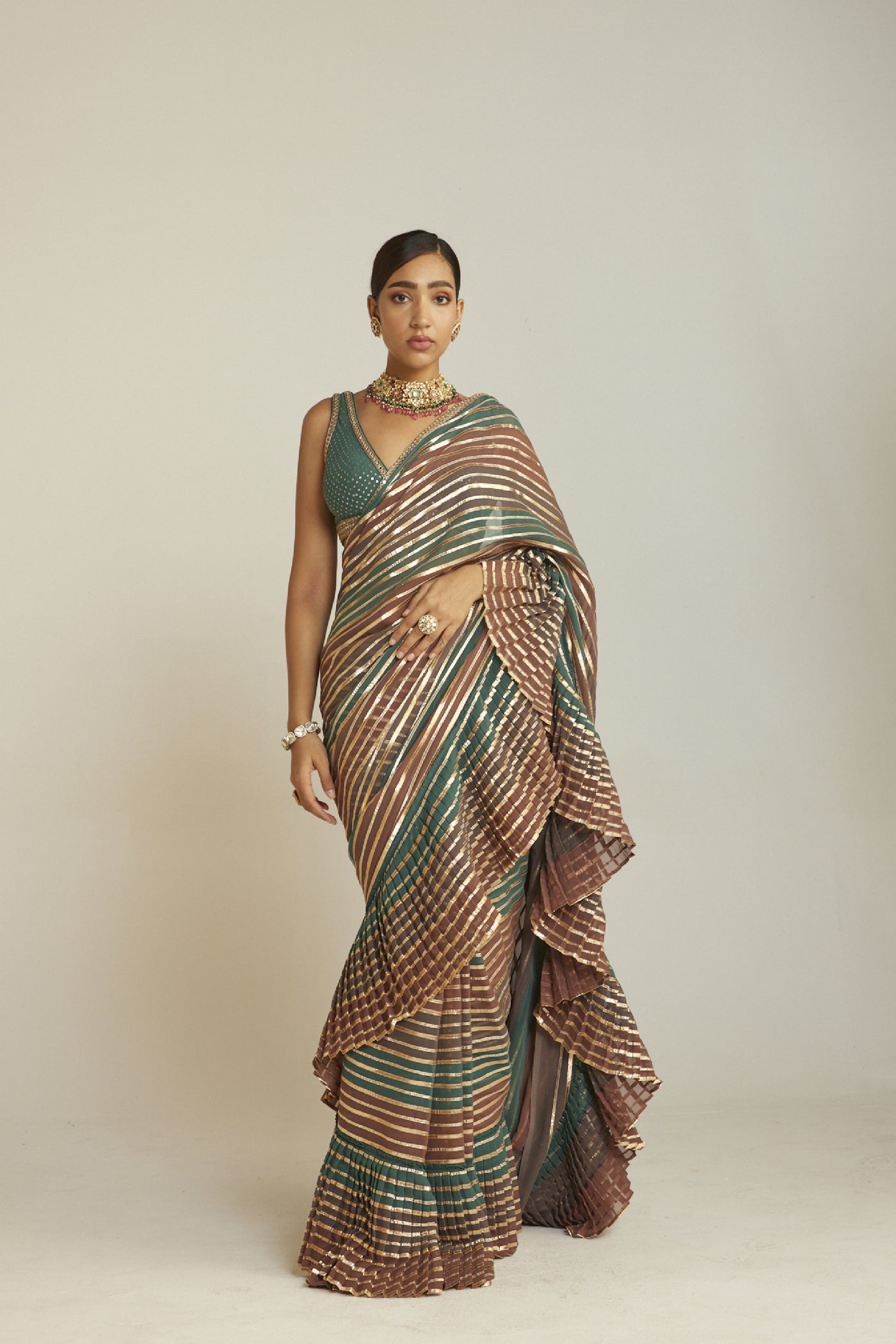Vani Vats Pre Draped Mud Green Multicolor Saree Set Indian designer wear online shopping melange singapore