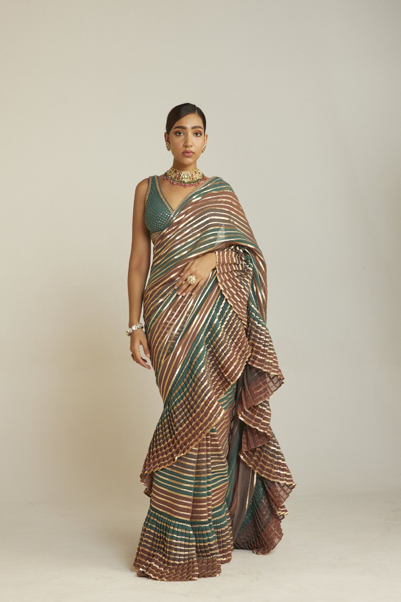 Vani Vats Pre Draped Mud Green Multicolor Saree Set Indian designer wear online shopping melange singapore 