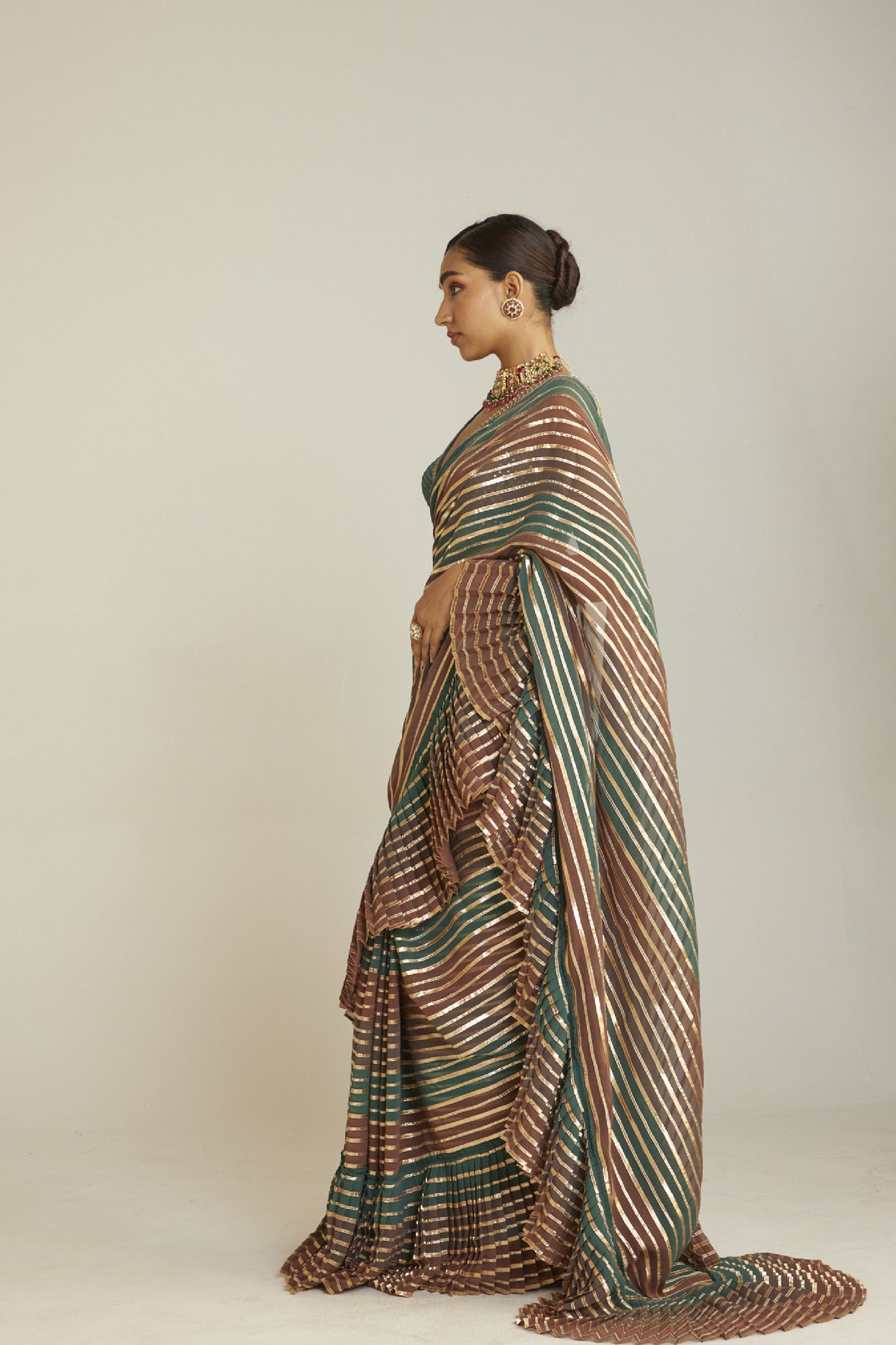Vani Vats Pre Draped Mud Green Multicolor Saree Set Indian designer wear online shopping melange singapore