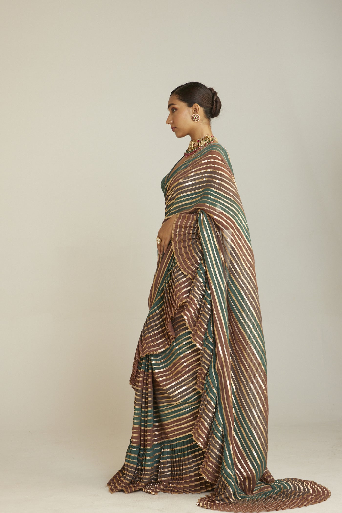 Vani Vats Pre Draped Mud Green Multicolor Saree Set Indian designer wear online shopping melange singapore 