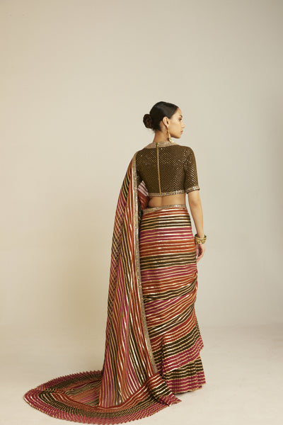 Vani Vats Pre Draped Olive Green Multicolor Saree Set Indian designer wear online shopping melange singapore