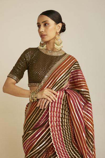 Vani Vats Pre Draped Olive Green Multicolor Saree Set Indian designer wear online shopping melange singapore